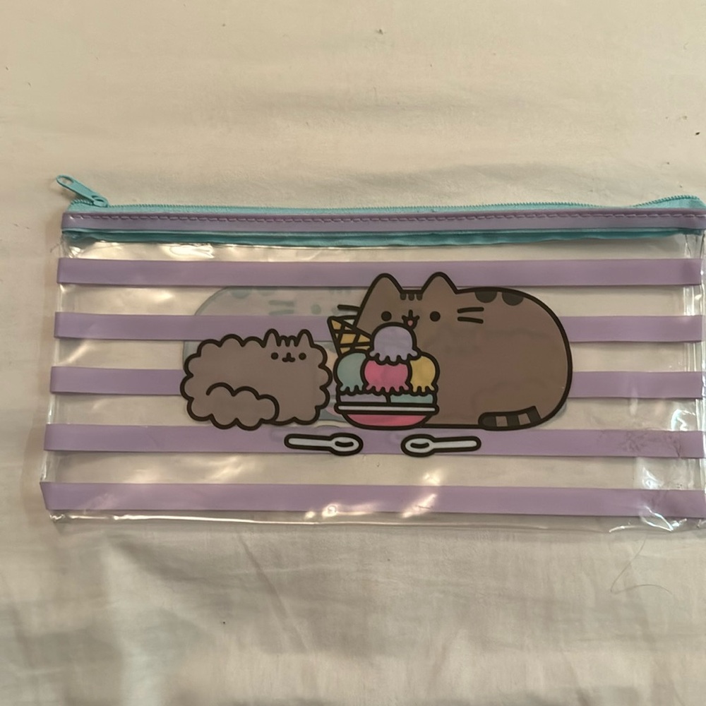 Pusheen clear purple striped plastic pencil case EUC